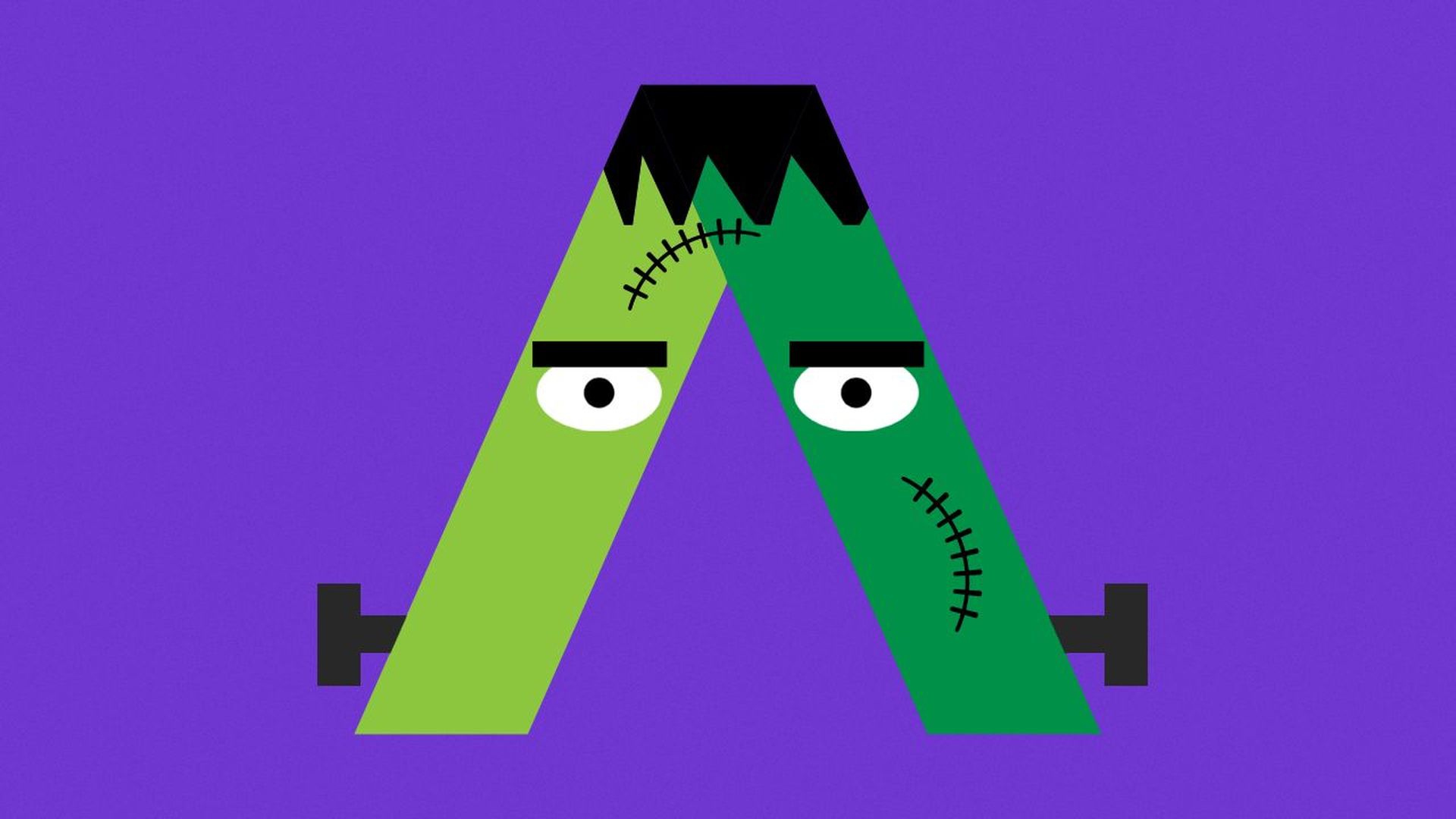 Illustration of the Axios logo with Frankenstein hair, stitches, eyes and bolts