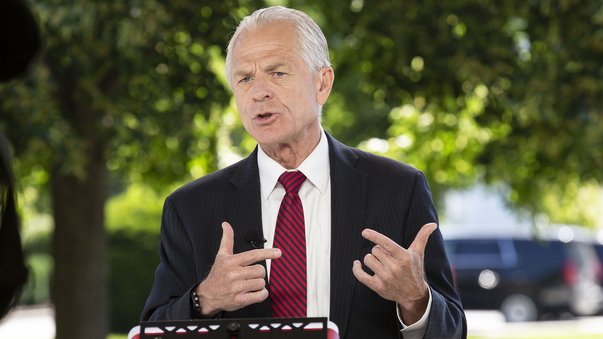 Peter Navarro, then director of the National Trade Council, speaks during a television interview outside the White House in Washington, D.C., U.S., on Monday, June 8, 2020. 
