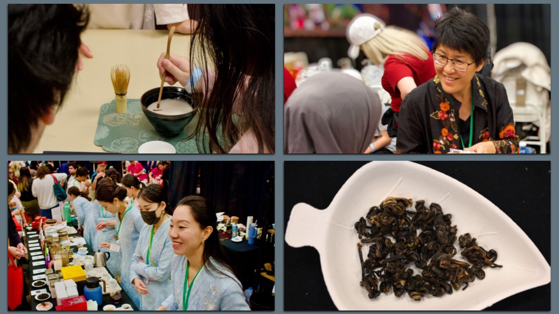 Four-photo collage from a cultural festival: painting activity, a smiling woman wearing glasses, a crowded market scene, and a plate of black leaves.