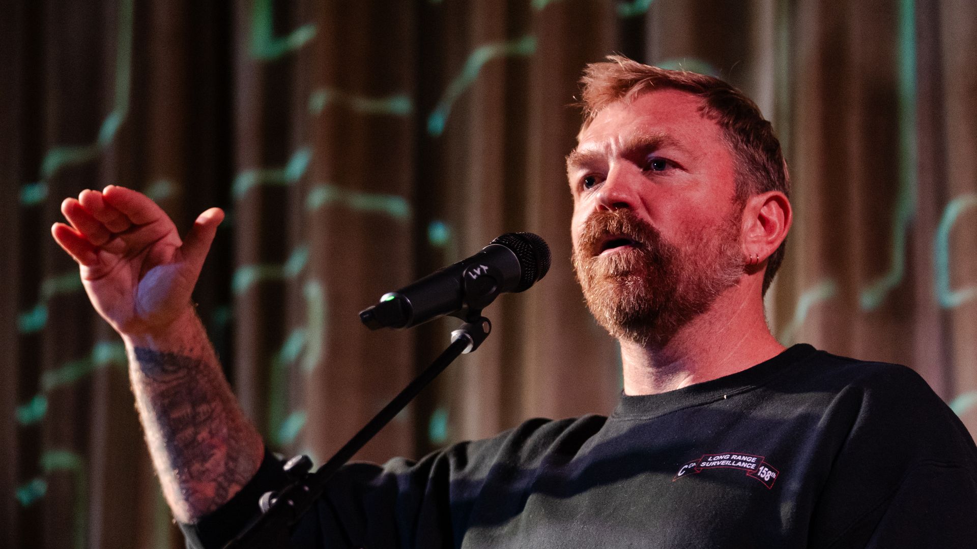  U.S. senatorial candidate from Maine Graham Platner speaks at a town hall at the Leavitt Theater in Ogunquit, Maine. 