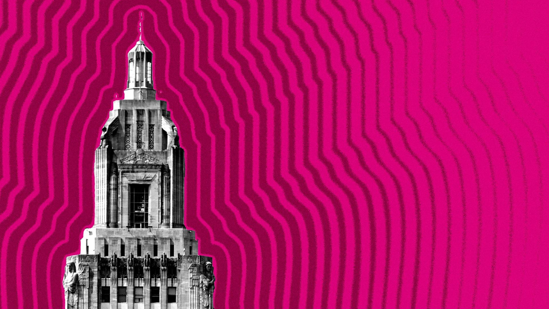 Illustration of the Louisiana State Capitol building with lines radiating from it.