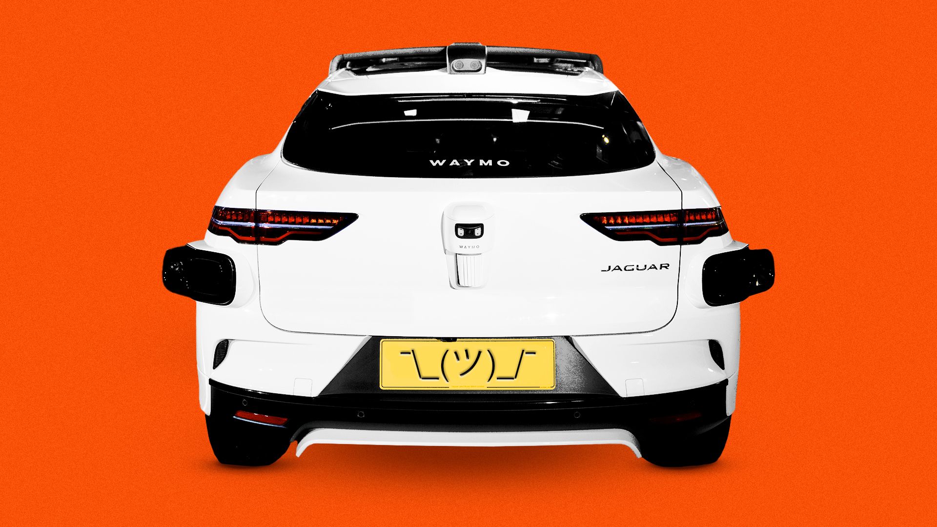 Photo illustration of a Waymo car with a shruggie text icon on the license plate. 