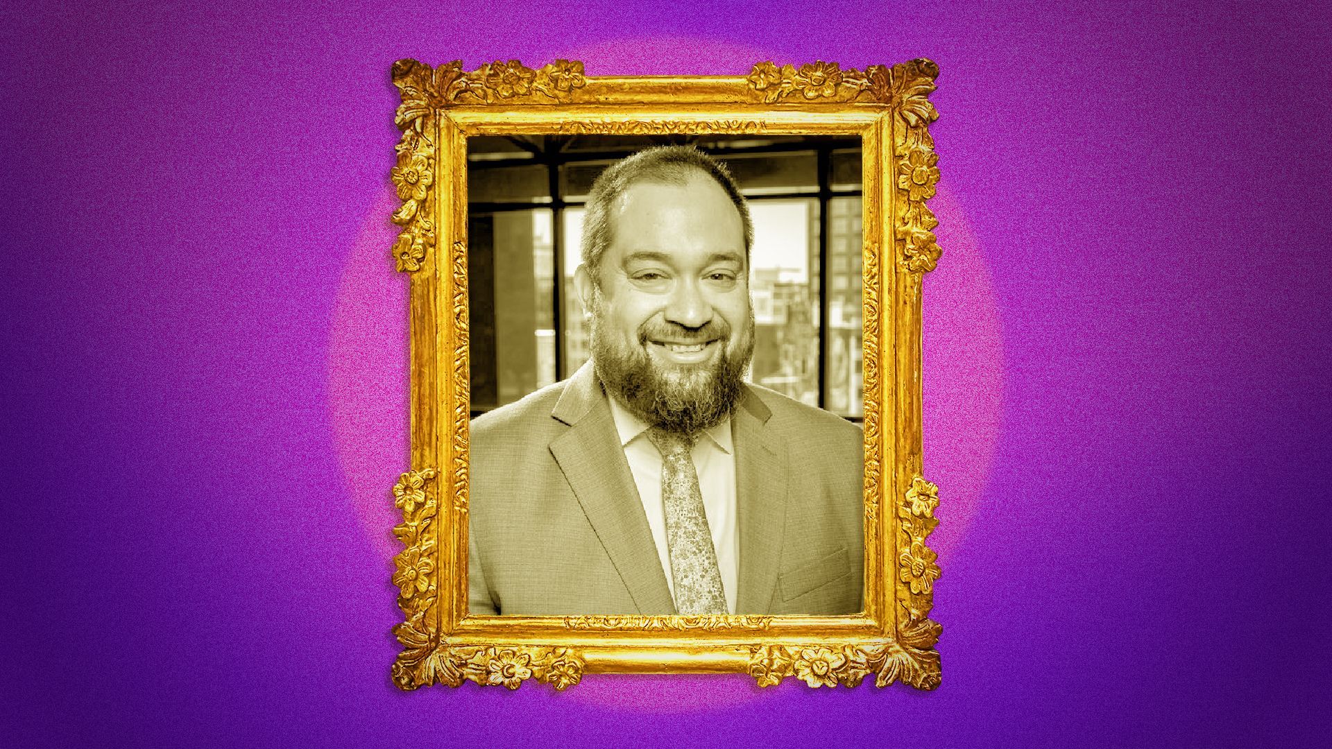 Photo illustration of a picture of Edgar J. Palacios centered inside a gold frame lit by a spotlight.