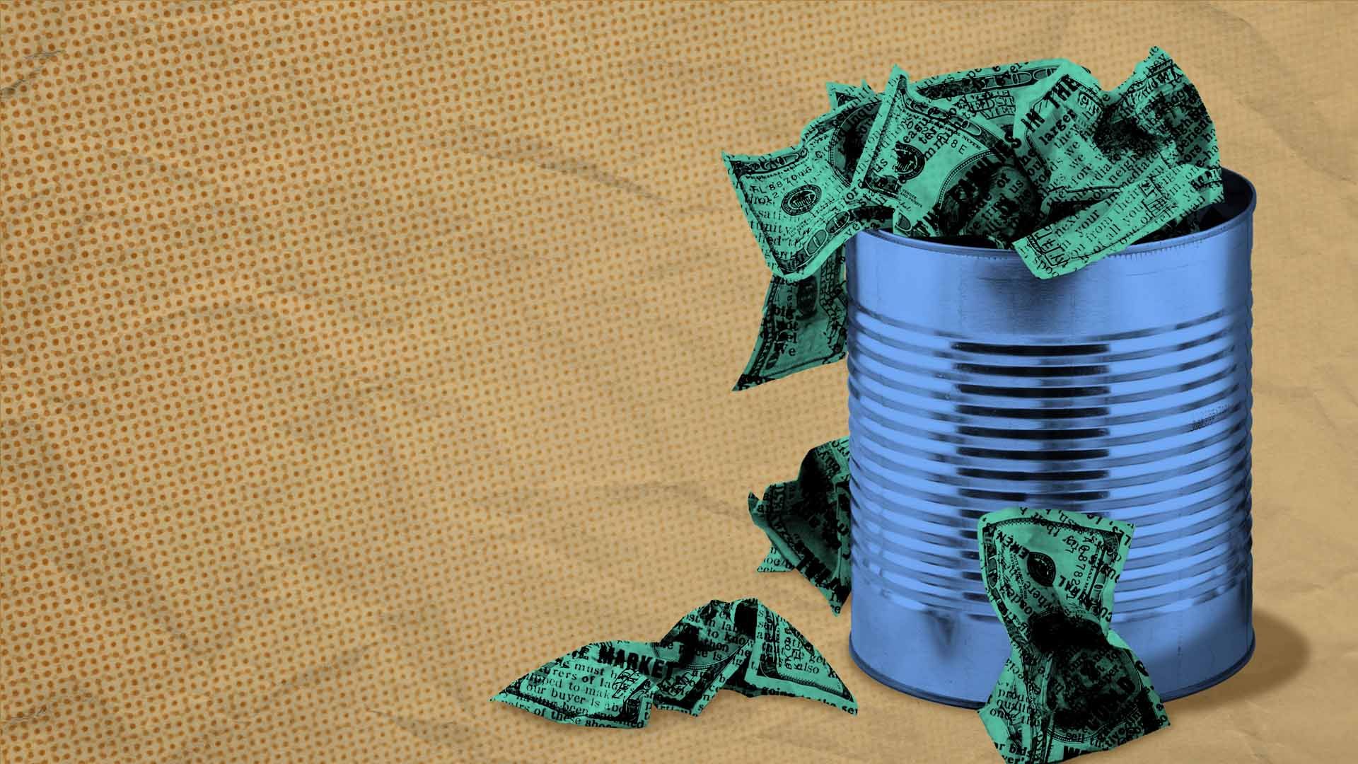 Illustration of money with a newspaper overlay in a tin can
