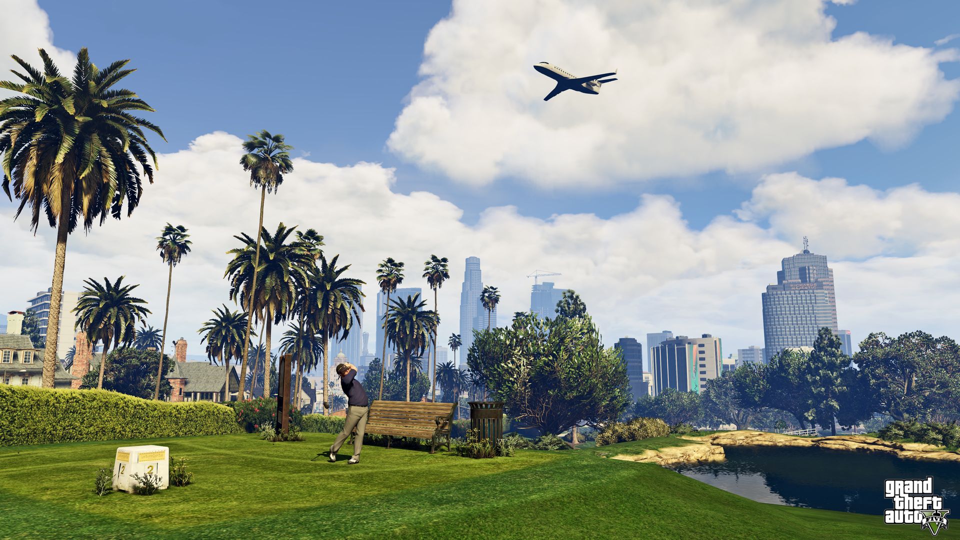 Video game screenshot of a man swinging a club on a golf course while a plane flies overhead