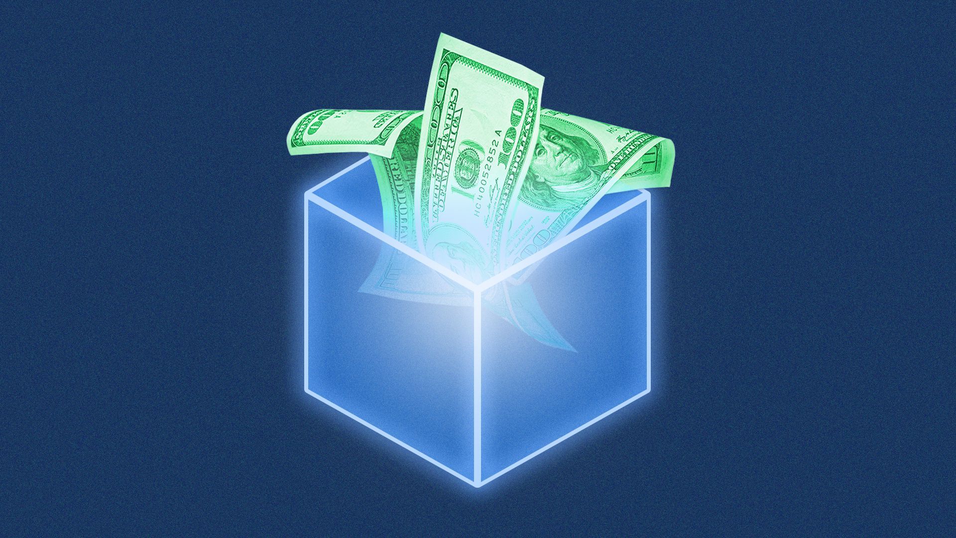 Illustration of a glowing blockchain block with cash inside.