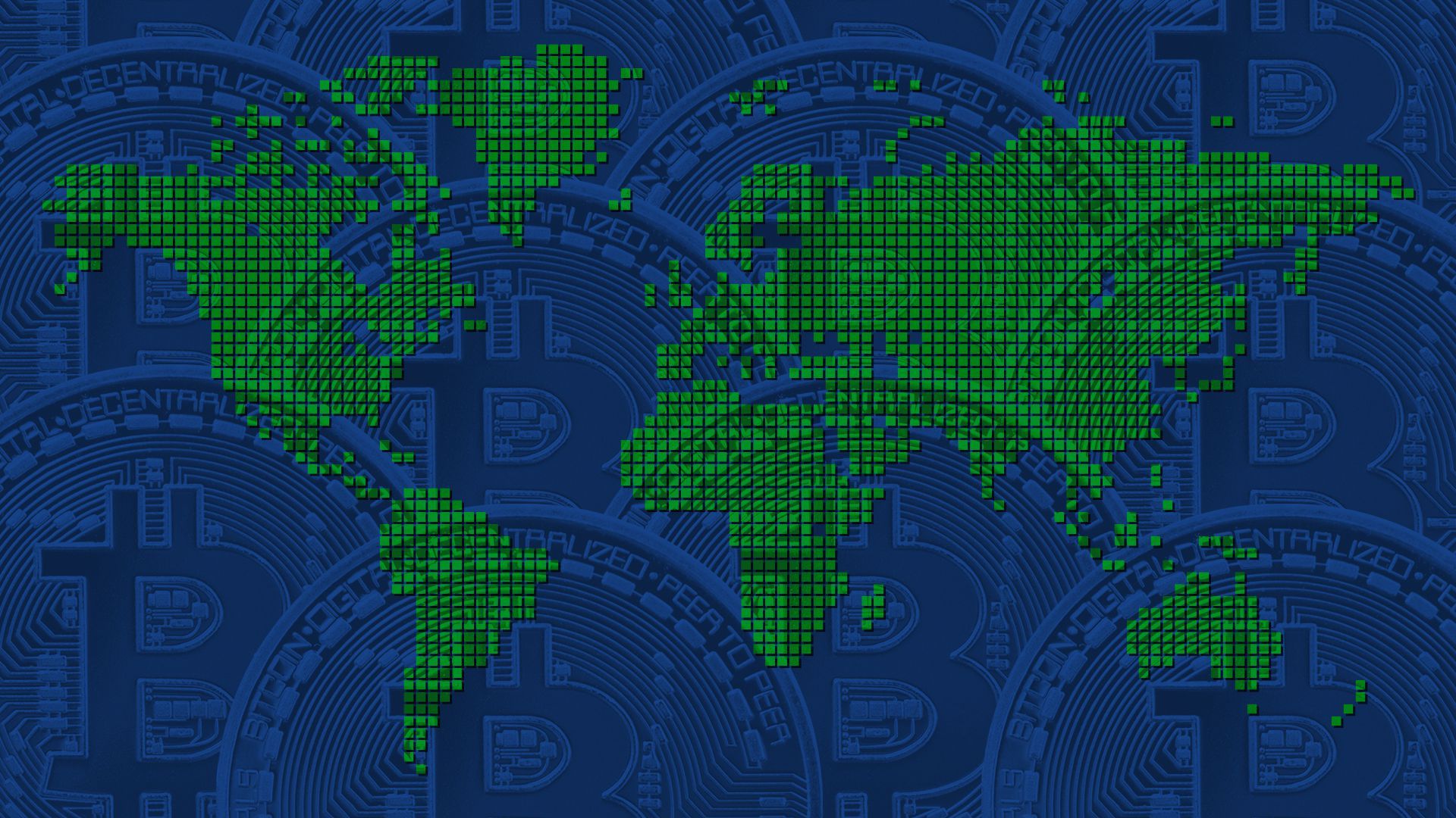 Illustration of a pixelated world map overtop an image of a bitcoin pattern.