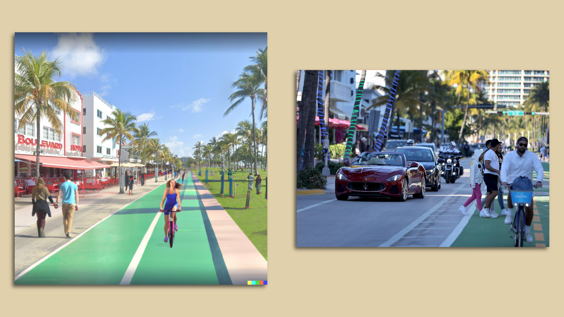 A rendering of a car-free street with bicycles and pedestrians is photographed next to a street occupied by cars and bicycles.