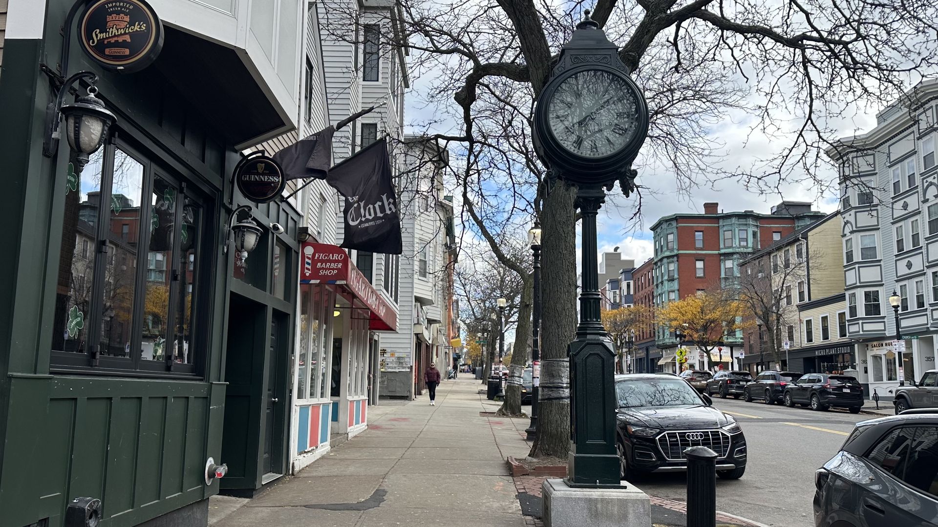The clock outside of The Clock Tavern on West Broadway in South Boston. 