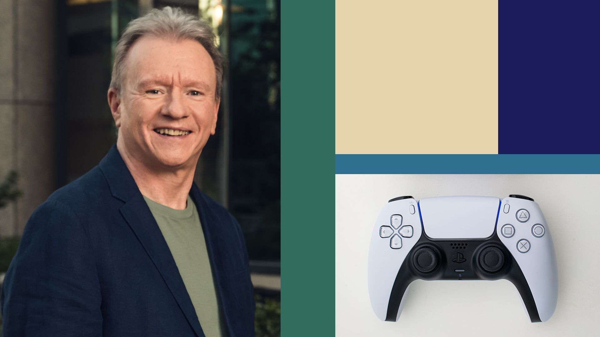 Photo illustration of Jim Ryan and a PlayStation controller.