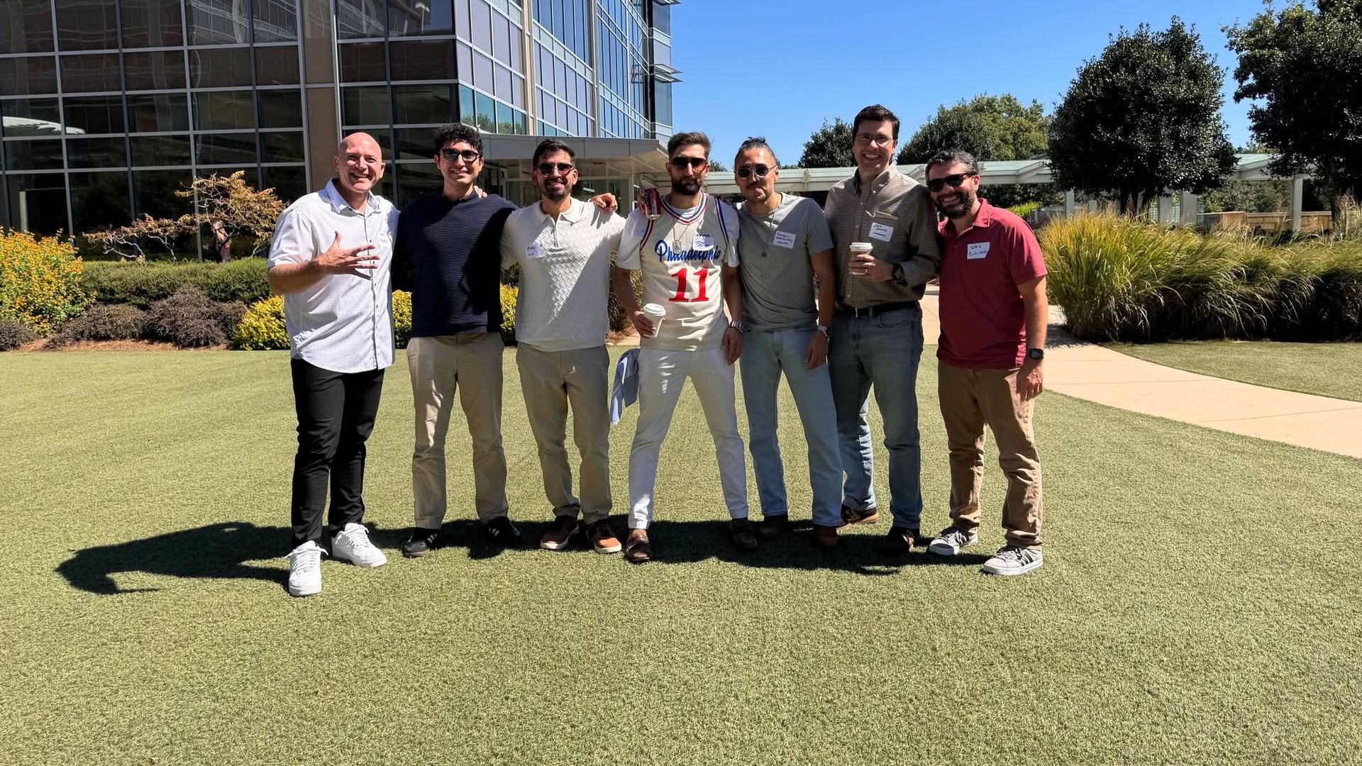 From left to right: Axios Local managing editor Mike Szvetitz, Axios DC's Cuneyt Dil, Axios Miam's Martin Vassalo, Axios Philly's Isaac Avilucea, Axios Denver's Esteban Hernandez, Axios Cleveland's Sam Allard and Axios Local editor Jeff Weiner. 