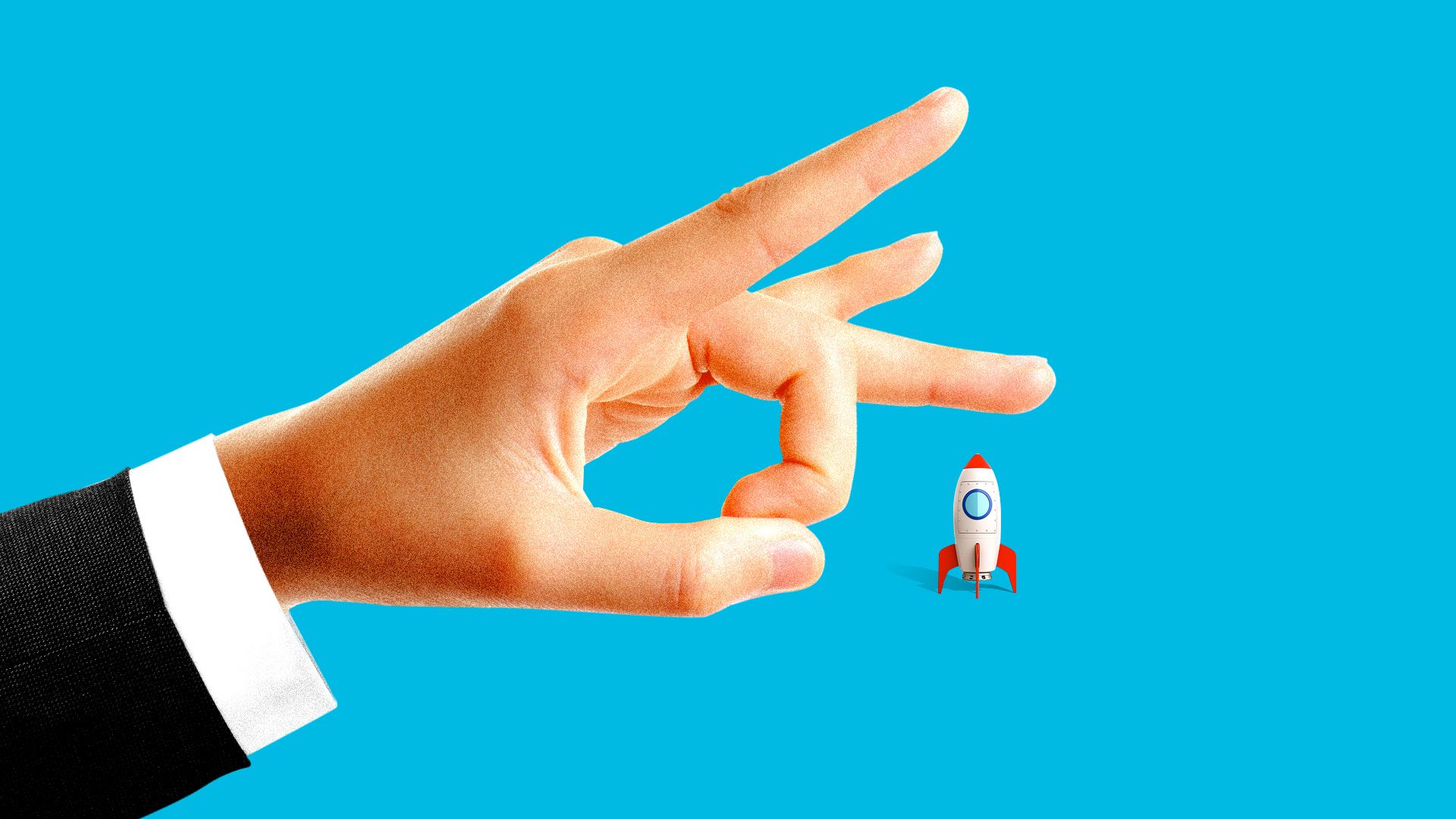Illustration of a giant hand about to flick away a tiny rocket ship.