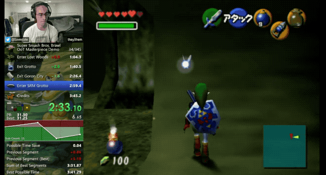 GIF of a player using side-stepping and floating tricks to move their Zelda character rapidly through a game world