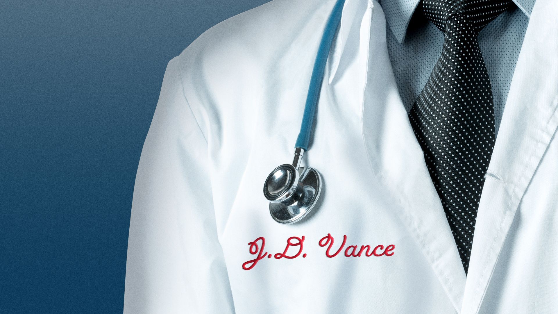 Illustration of a person wearing a doctor's coat with "J.D. Vance" embroidered on the fabric.