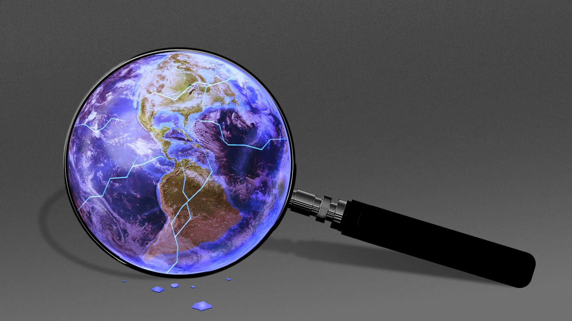 Illustration of a cracked magnifying glass showing the earth