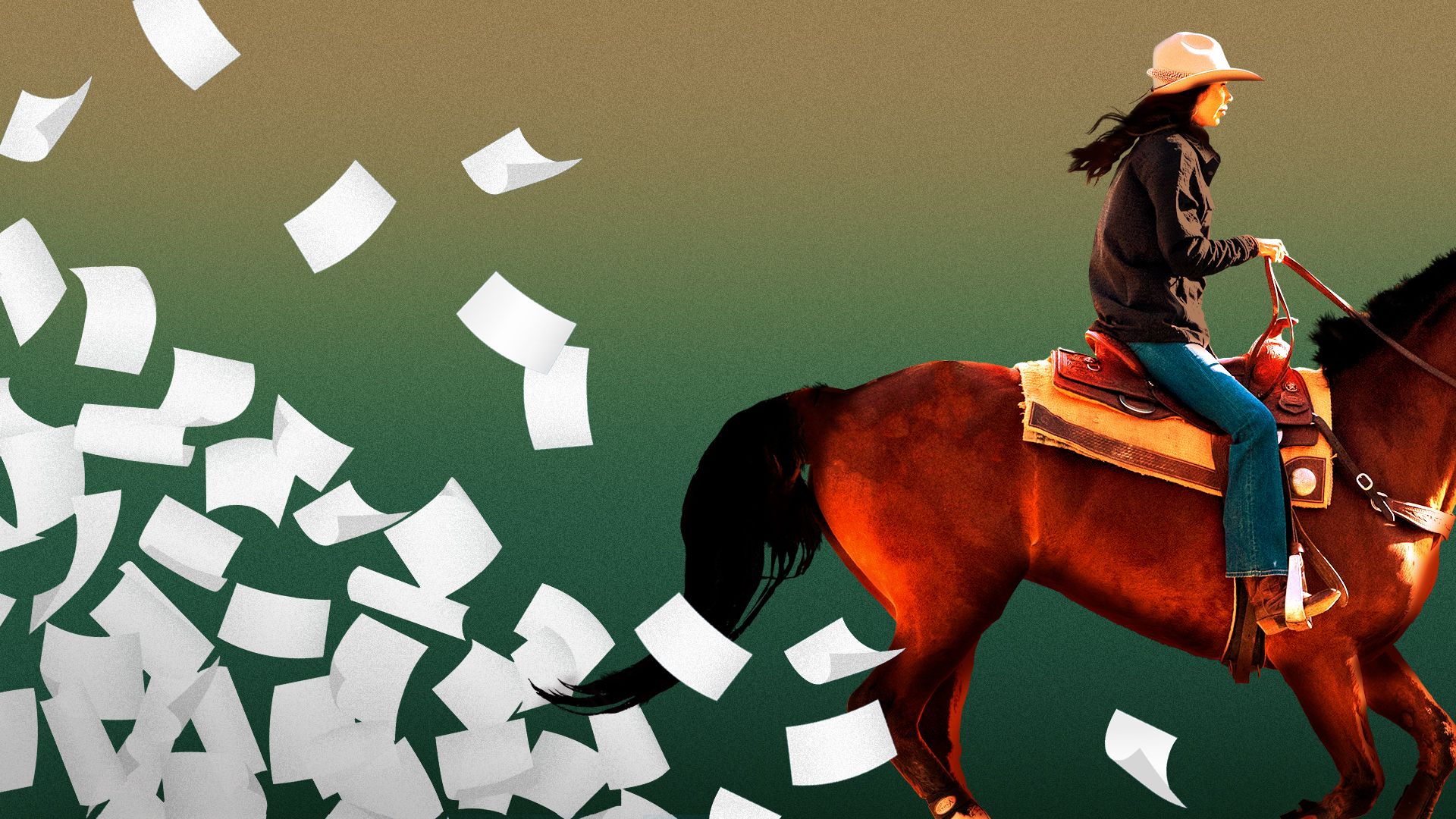 Photo illustration of Kristi Noem riding a horse with a trail of papers flying behind