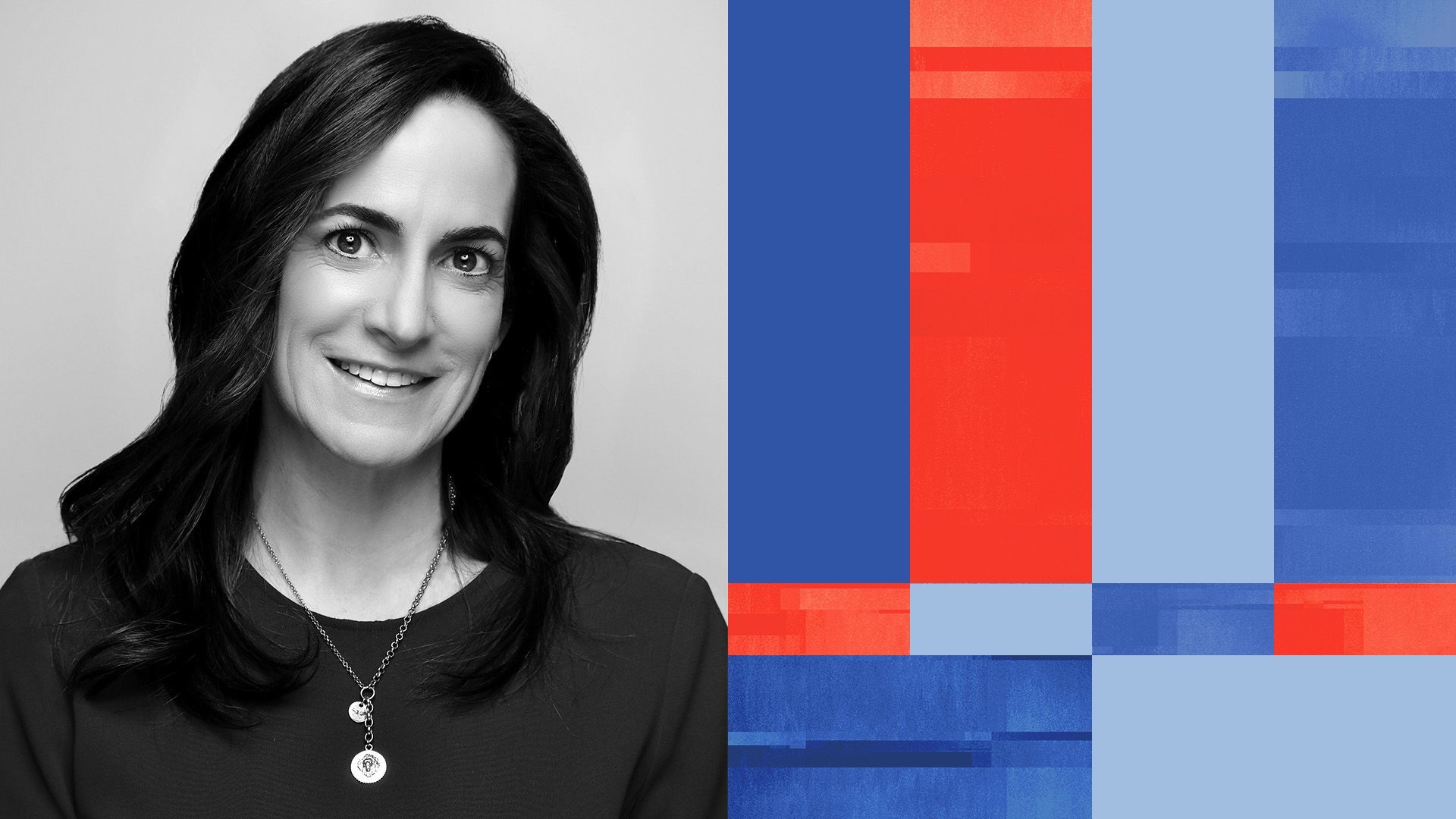 an illustration of Ampersand CEO nicolle pangis surrounded by tv color bars and digital static 