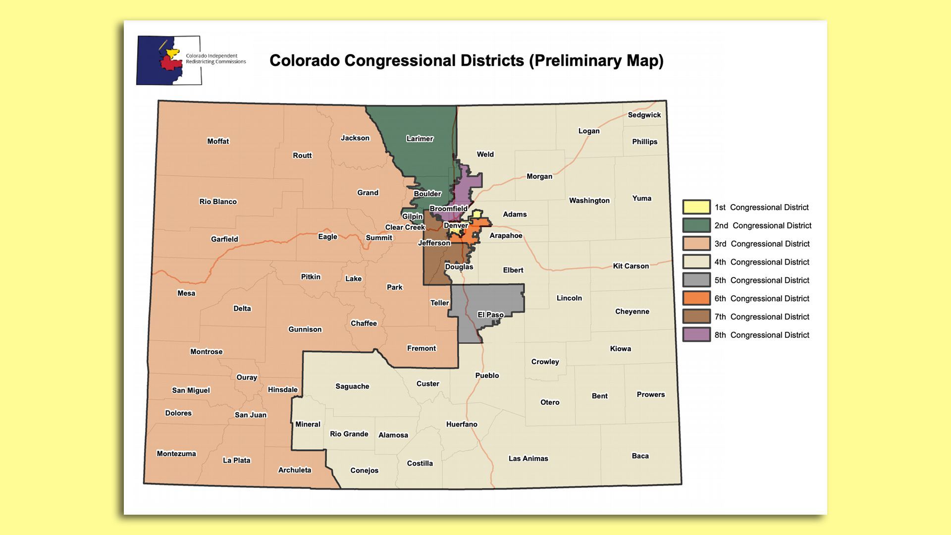 A preliminary map of Colorado's new congressional districts on a yellow background.