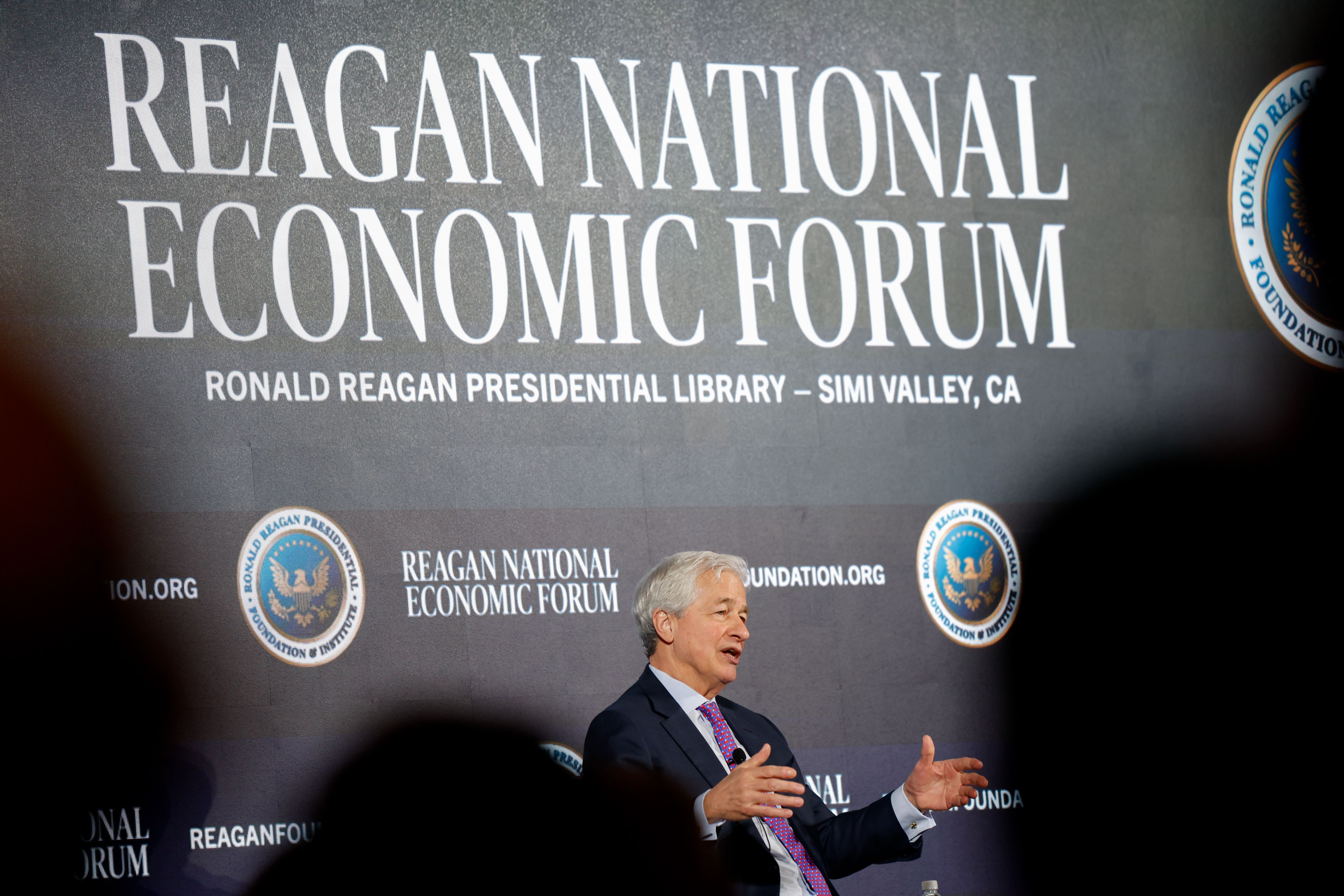 JPMorgan Chase CEO Jamie Dimon speaks at the Reagan National Economic Forum at the Ronald Reagan Presidential Library last month in Simi Valley, Calif.