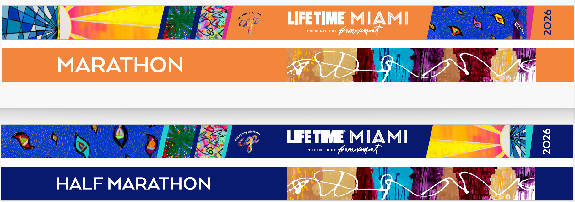 Four different rows, featuring orange and blue colors that read Life Time Miami.