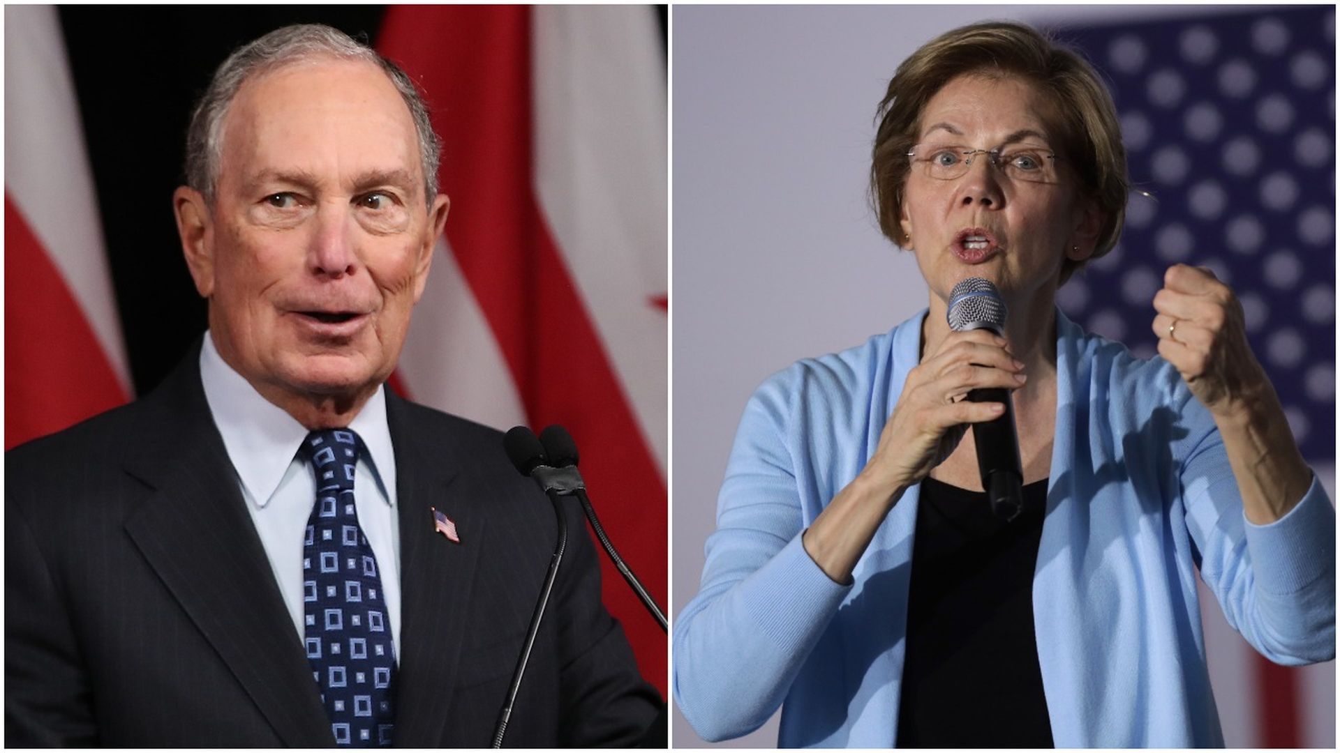 This image is a split screen of Warren and Bloomberg