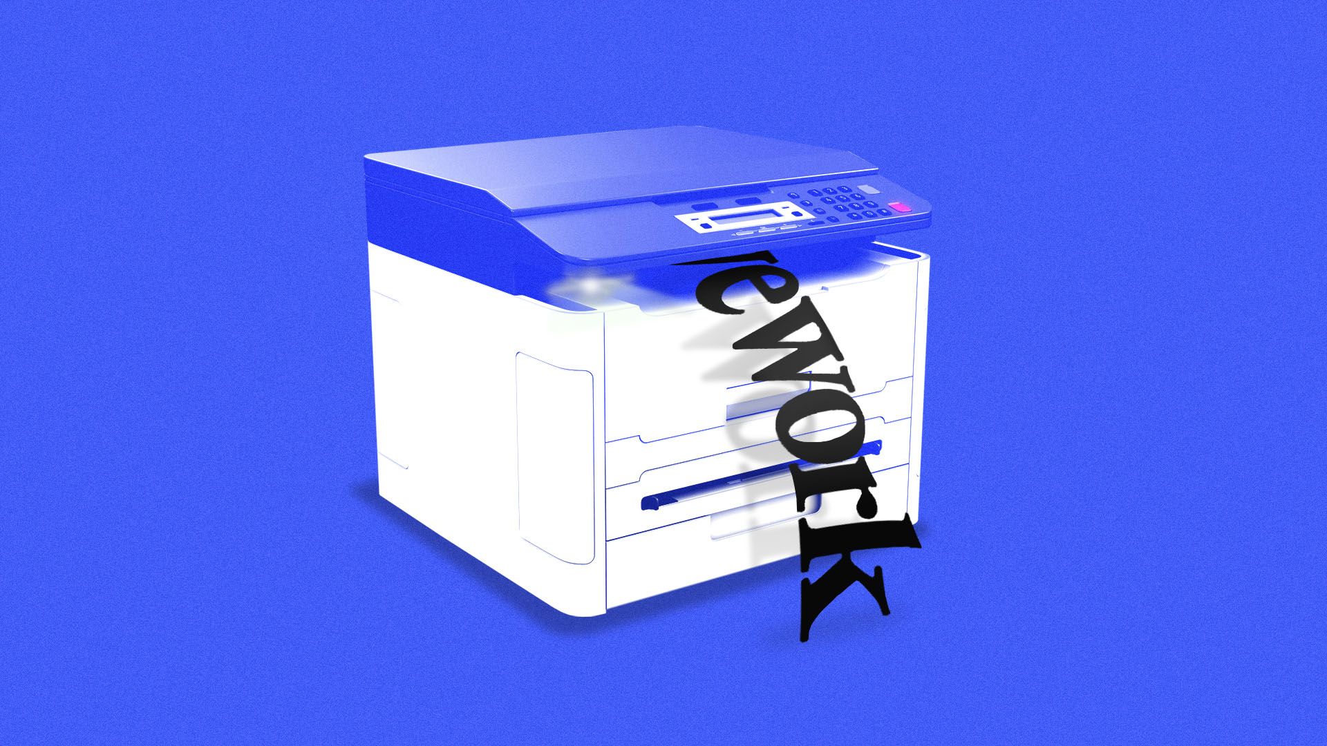 Illustration of the WeWork logo coming out of a printer.