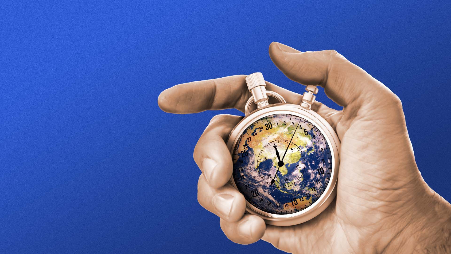 Illustration of a hand holding a stop watch with the Earth inside its face.