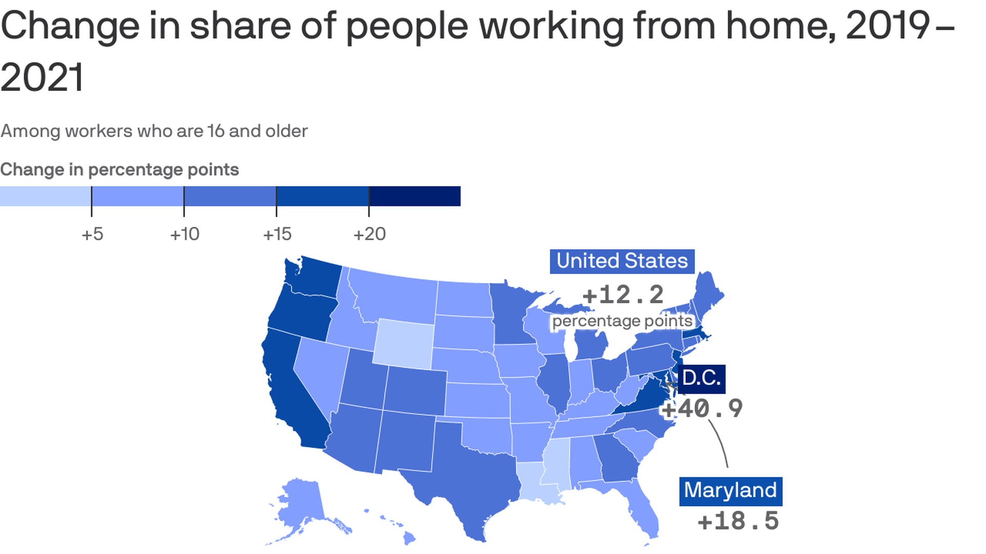 A U.S. map of the change in share of people working from home. 