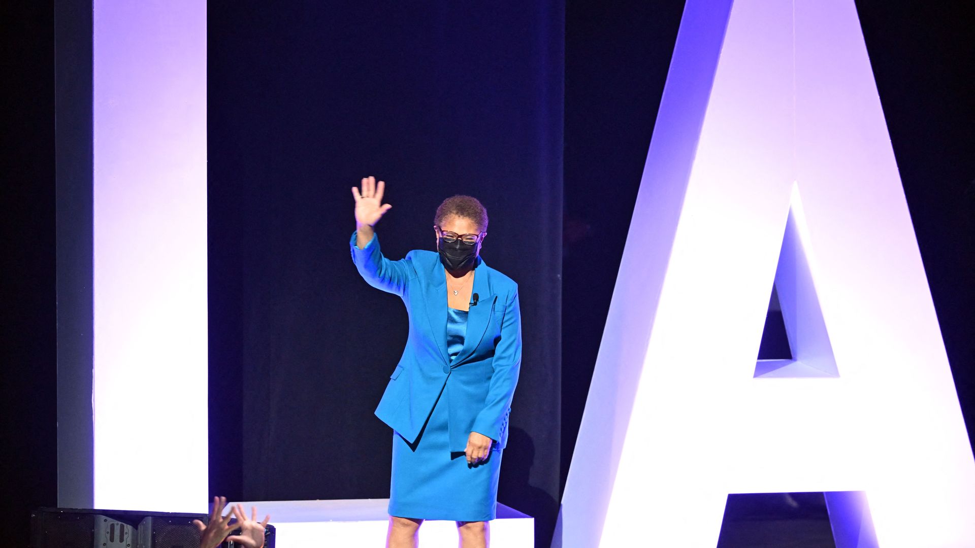 LA Mayor Karen Bass waves.