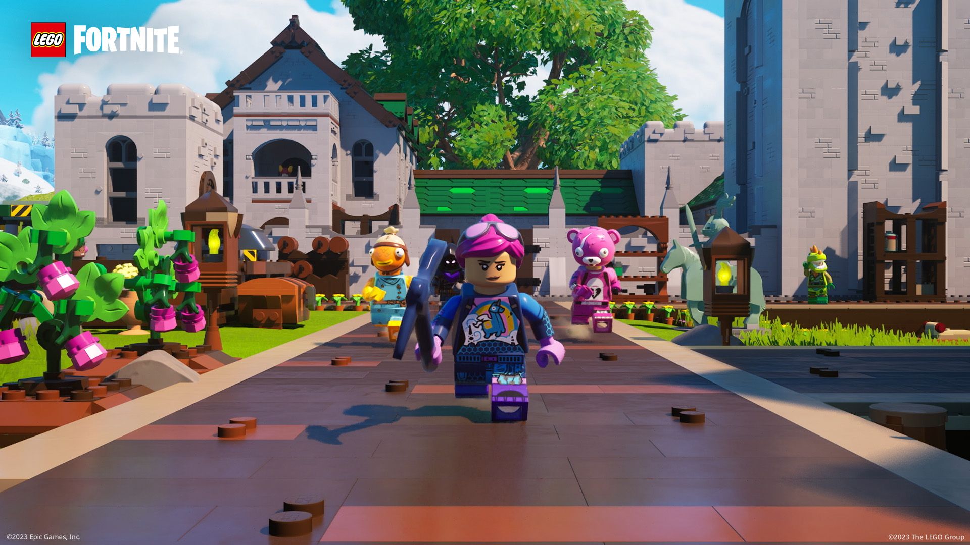 Video game screenshot of Lego characters running away from a castle made of Lego bricks