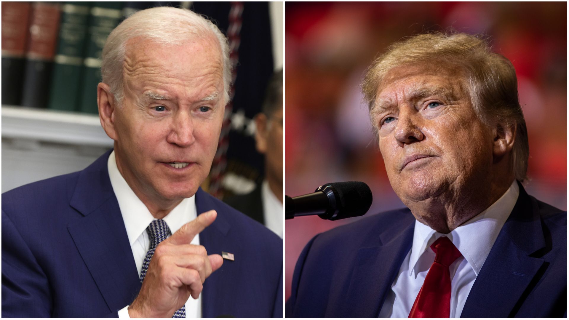 Photo of Joe Biden speaking on the left and Donald Trump looking to the side on the right