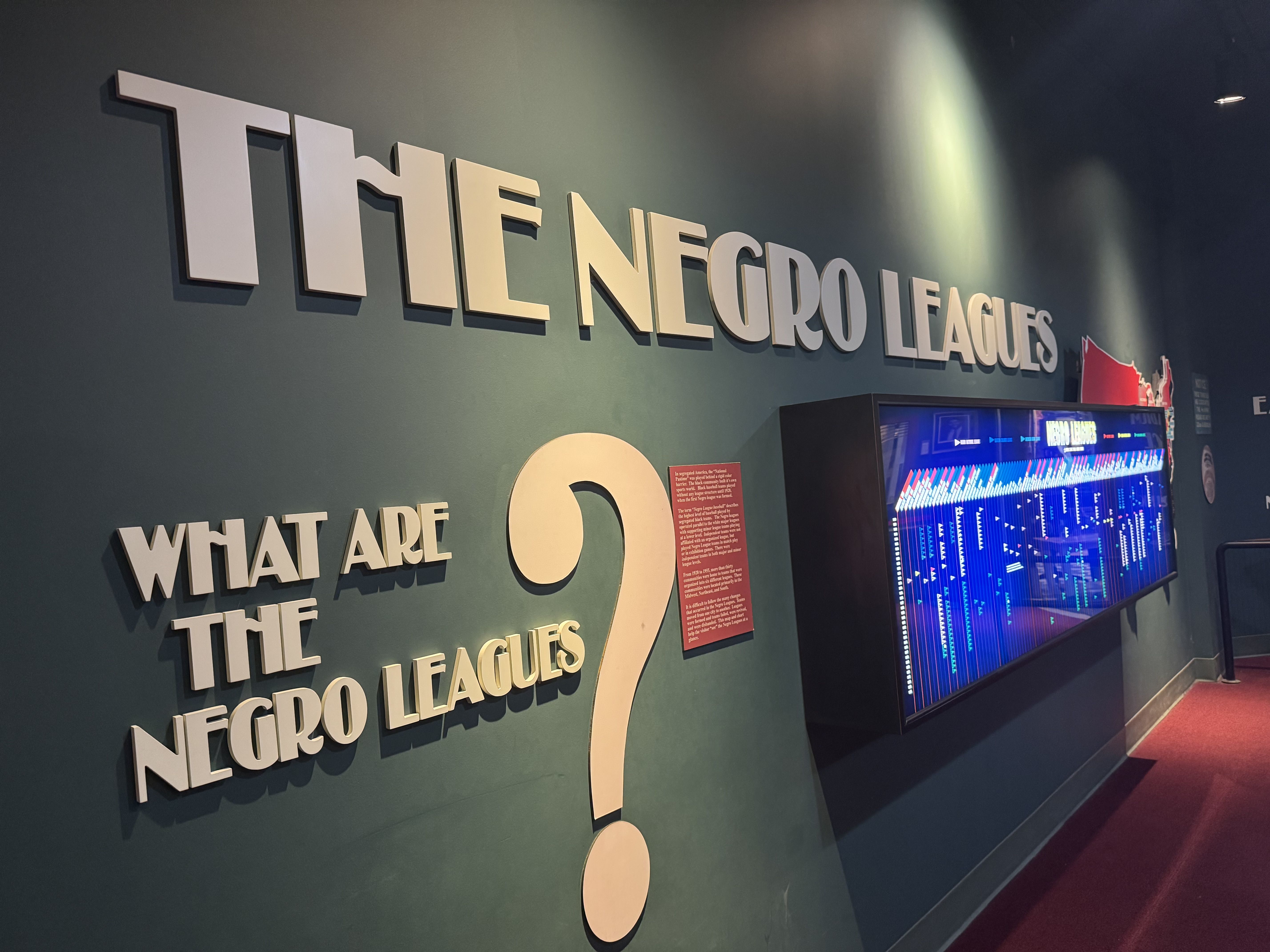 Teal museum wall display with large white lettering reading "THE NEGRO LEAGUES". Below it, "WHAT ARE THE NEGRO LEAGUES?" with a big question mark; a blue-lit display case extends along the wall to the right.