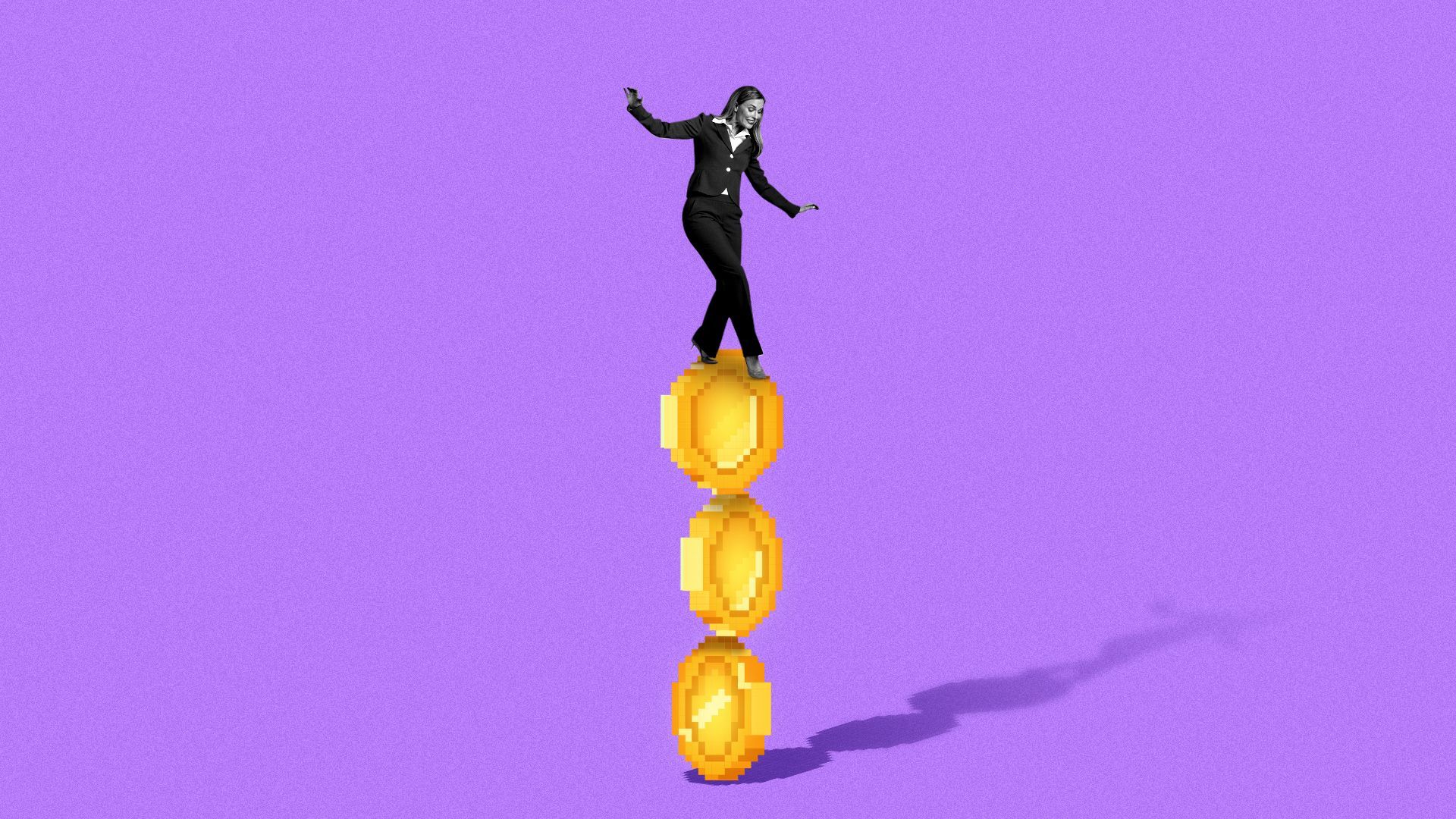 Illustration of a business person balancing on a stack of glowing golden crypto coins.