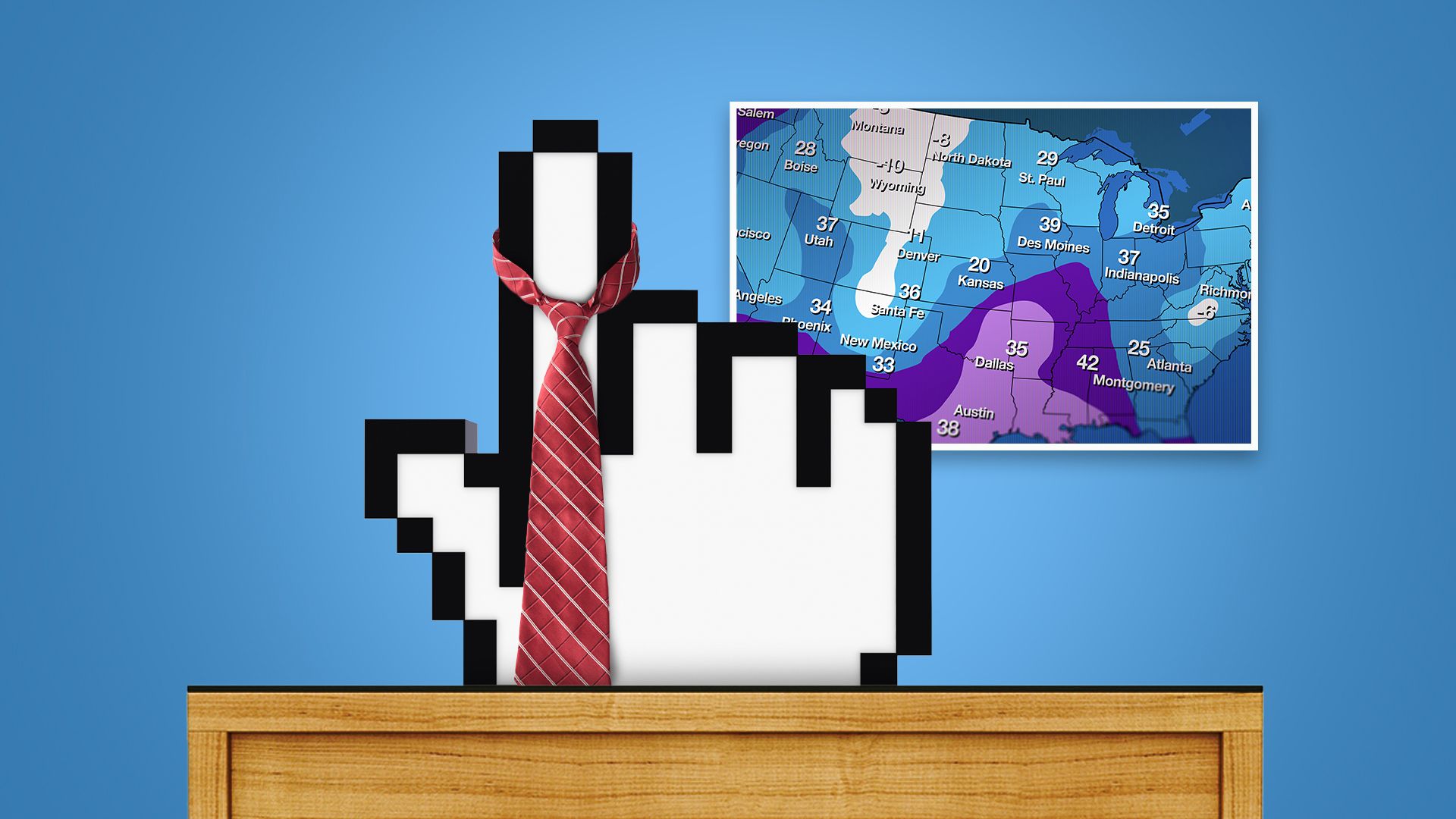 Illustration of a large pointing cursor finger wearing a tie sitting behind a news desk with a weather map behind it