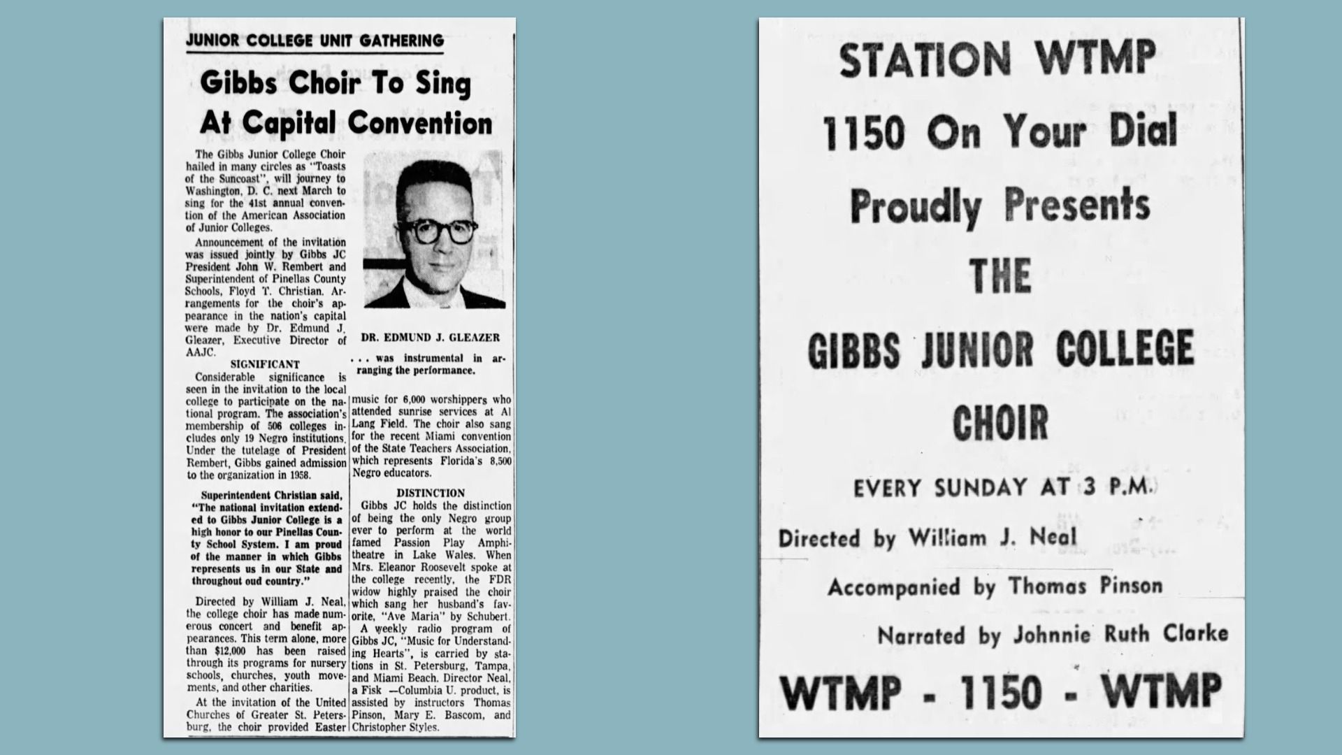 Two newspaper clippings, one an article with the headline "Gibbs choir to sing at Capital Convention." The other is an advertisement reading "STATION WTMP 1150 On Your Dial Proudly Presents THE GIBBS JUNIOR COLLEGE CHOIR directed by William J. Neal." 