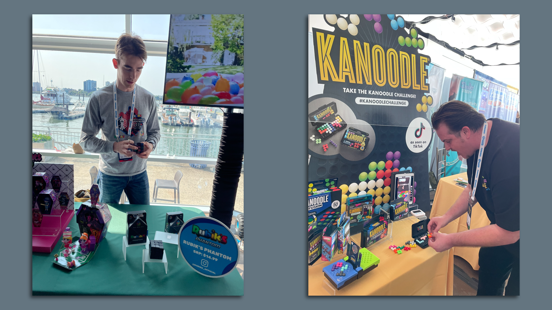 A new Rubik's cube being solved (left) and a display of a game called Kanoodle.