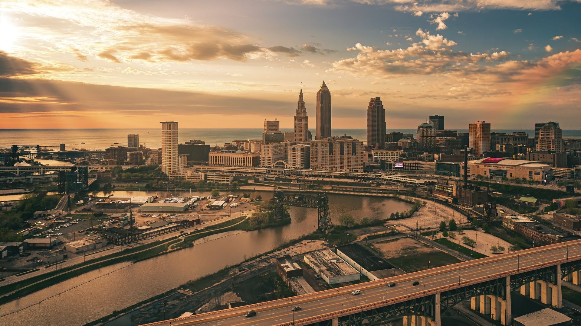 Downtown Cleveland, adjacent to Cuyahoga River, cast in heavenly sunlight 