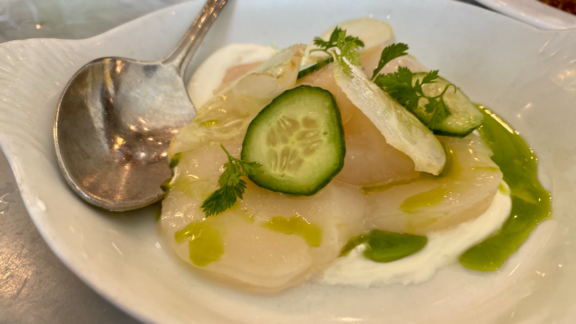Raw white fish topped with a green oil and cucumber on a plate of creme fraiche.