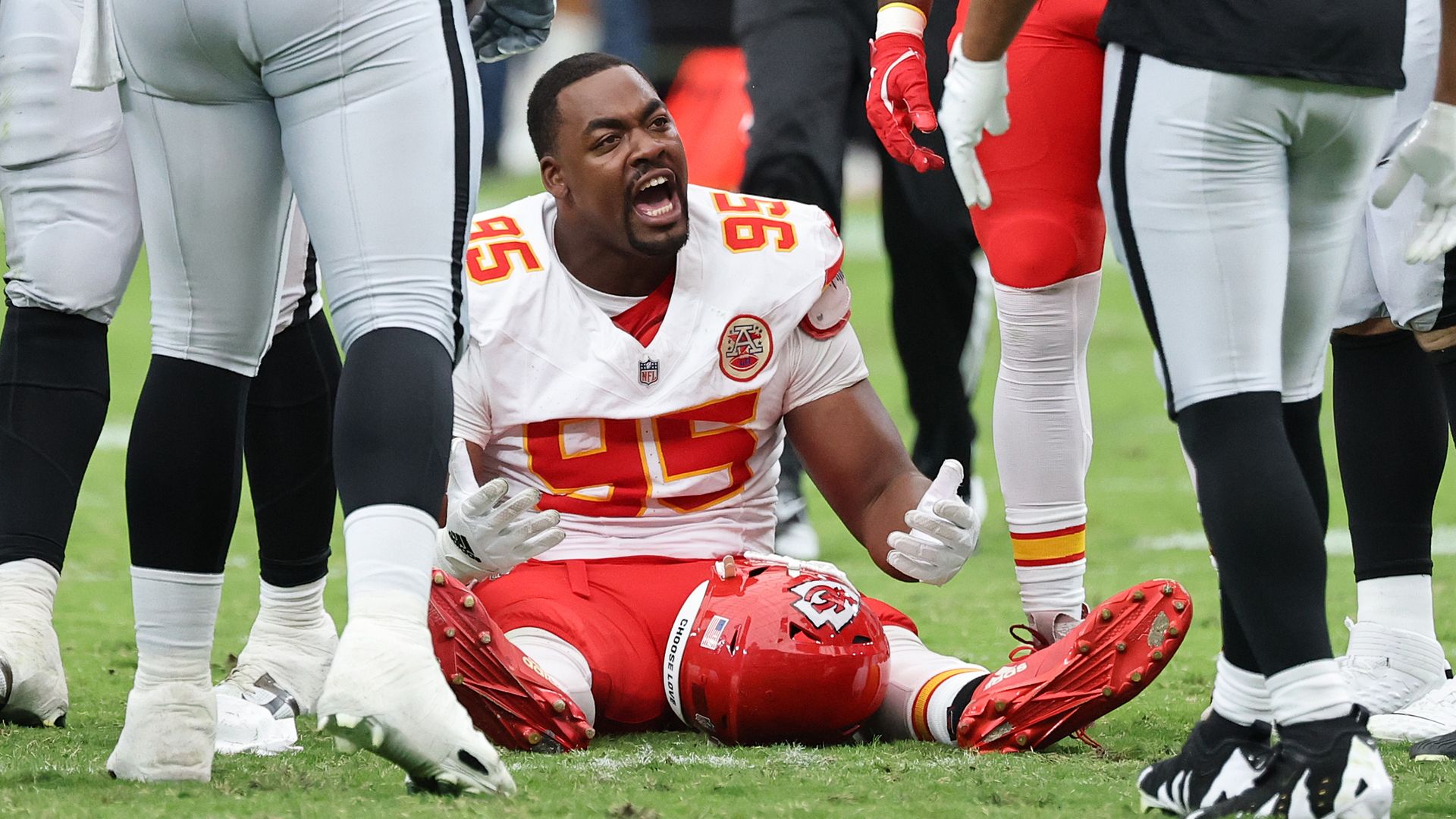 Chris Jones #95 of the Kansas City Chiefs reacts after a rushing play by the Las Vegas Raiders in the second quarter at Allegiant Stadium on October 04, 2026 in Las Vegas, Nevada.