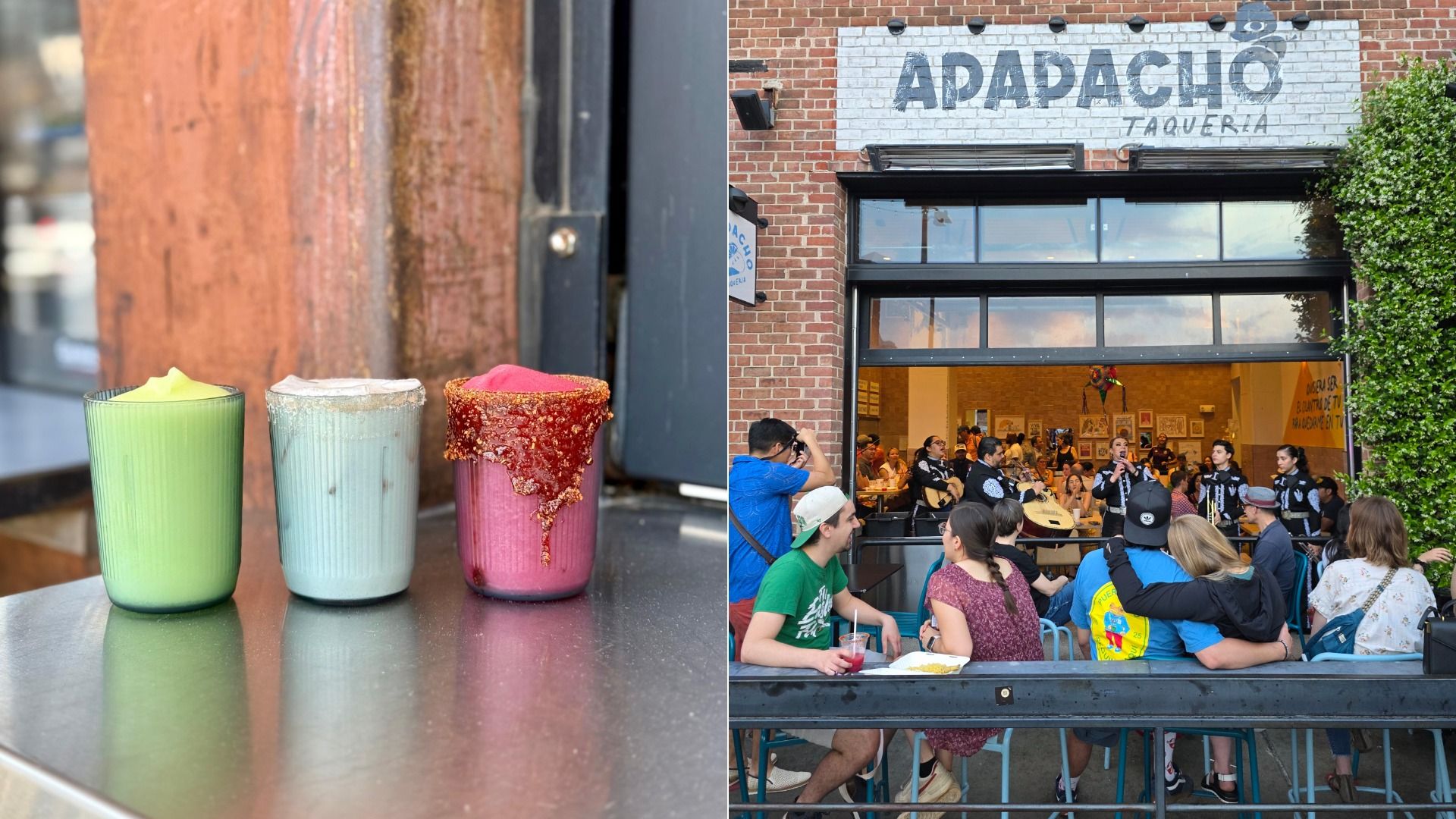 Left: three colorful cups of frozen dessert (green, pale blue, pink) on a reflective counter. Right: brick storefront with a large sign reading "APACHO TAQUERIA" and a crowded dining scene.