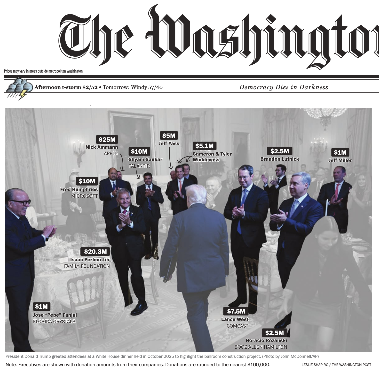Washington Post front page showing donation amounts from different companies overlaid on a picture of Trump surrounded by corporate executives