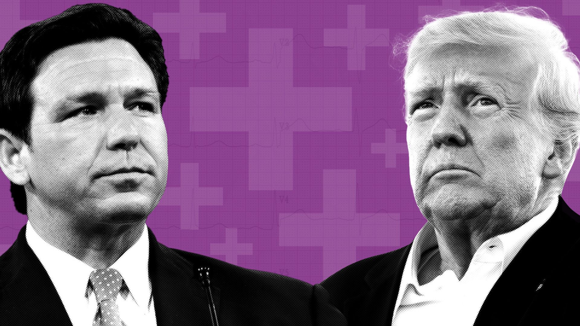 photos of ron desantis and president donald trump on a background made up of health pluses and ekg graph paper