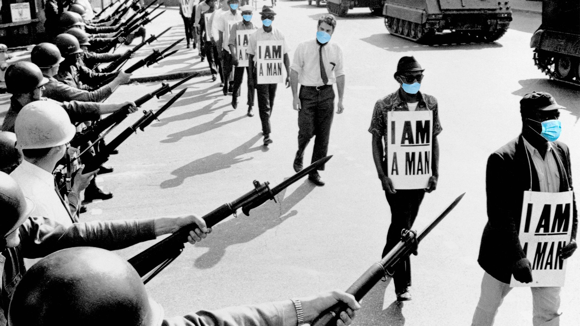 Illustration of Civil Rights marchers with "I Am A Man" signs wearing surgical masks