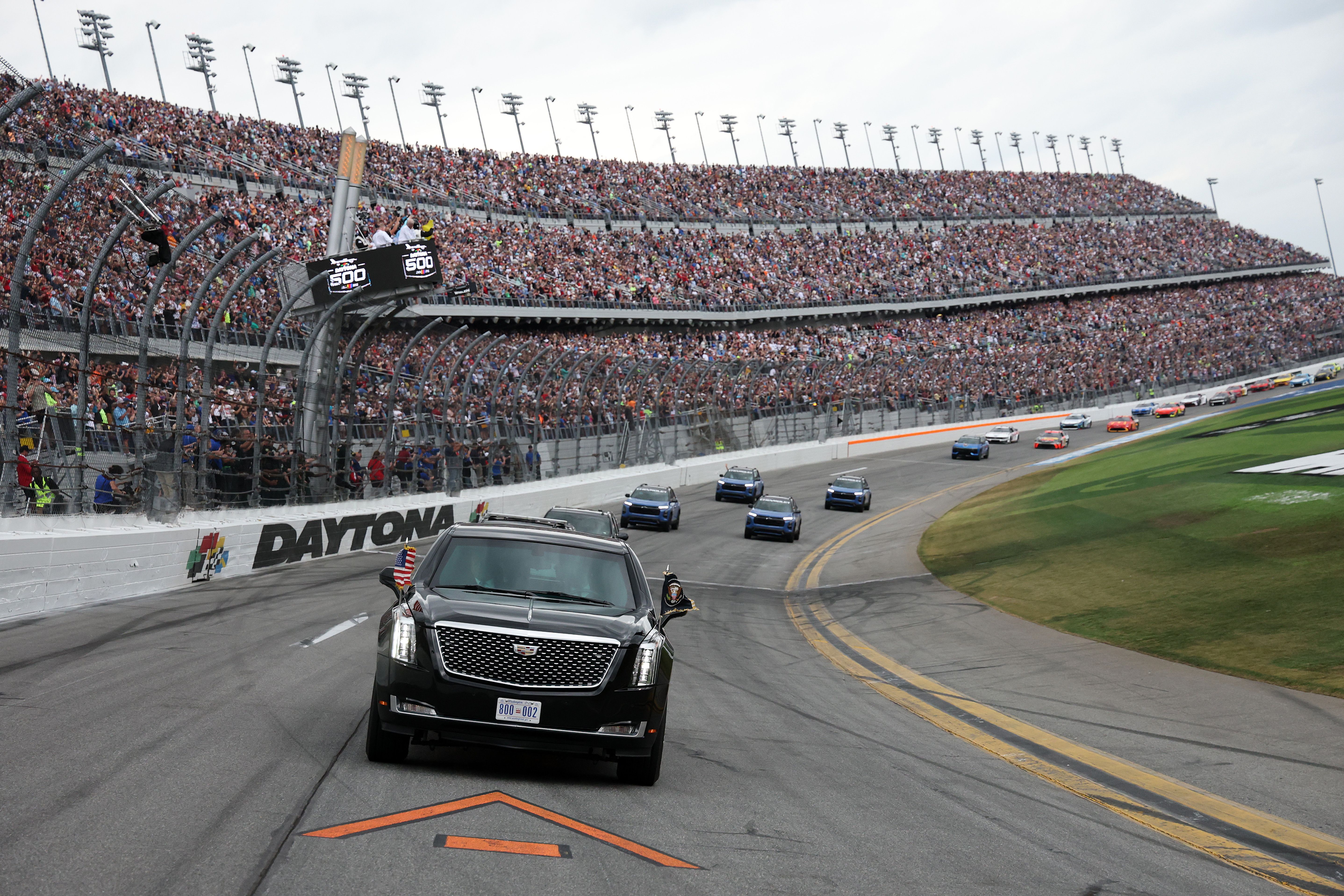 President Trump is driven around the track ahead of the Daytona 500 at Daytona Beach, Florida, over the weekend.