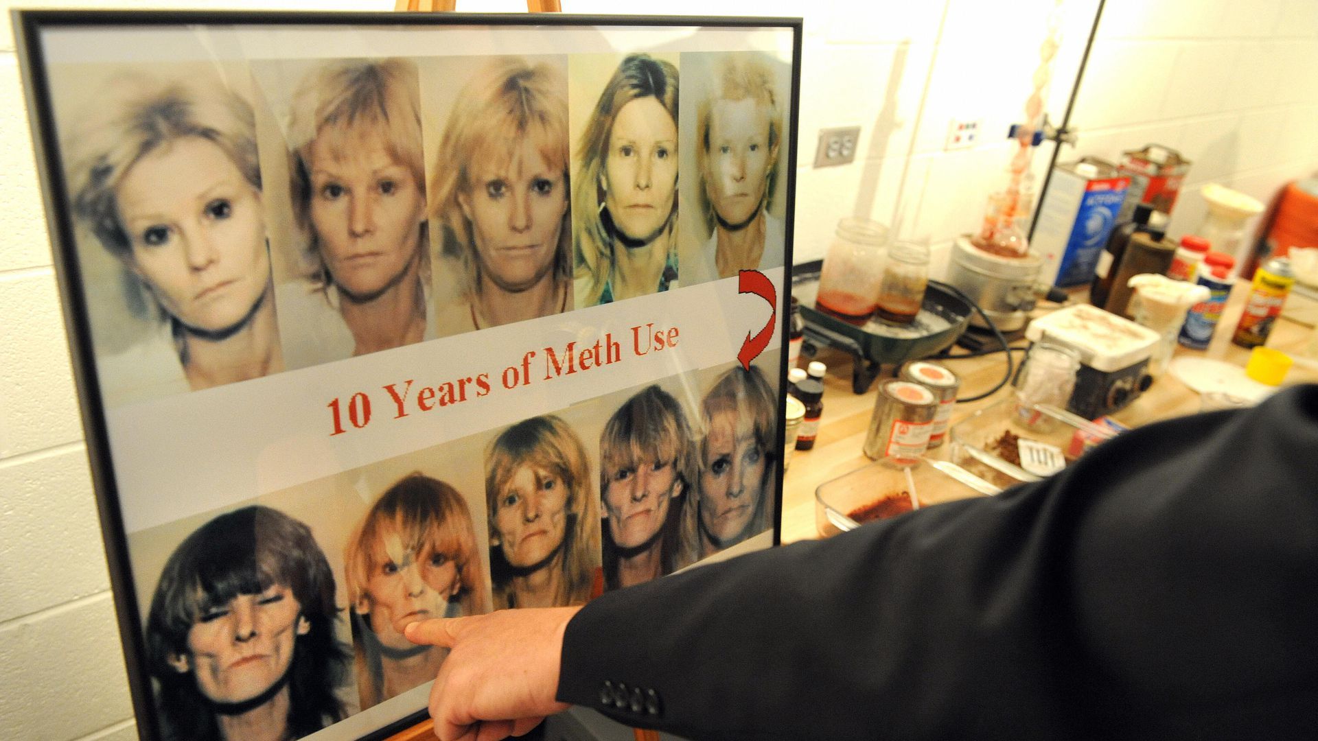 A progressive series of mug shots show the effects of 10 years of meth use, shown at the DEA Training Academy in 2008.