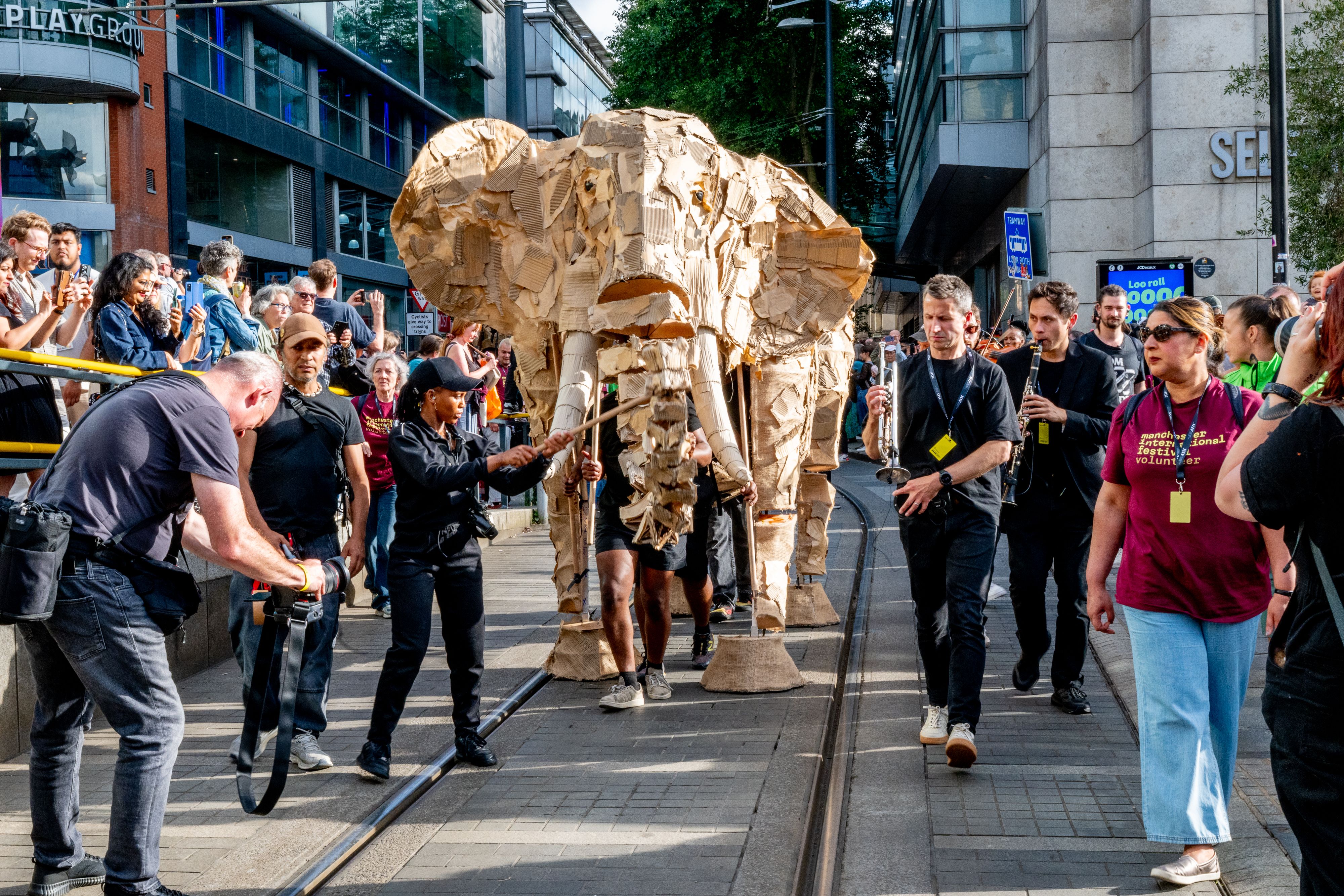 Large elephant sculpture made of cardboard, paraded on city street with pedestrians, musicians, volunteers, and photographers surrounding it on a sunny day.