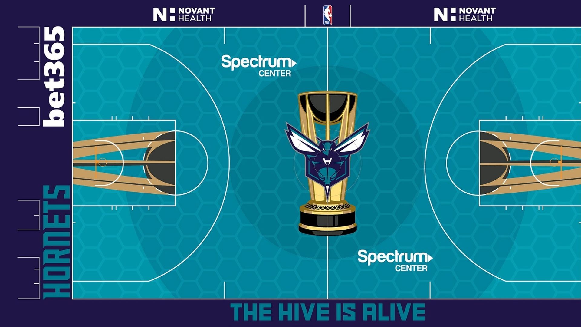 rendering of a basketball court with the hornets logo in the center