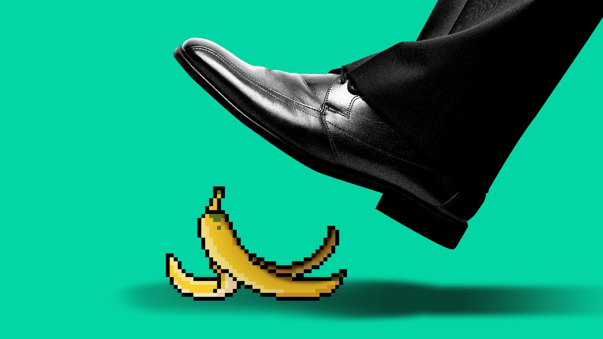 Illustration of a giant foot about to step on a banana peel stylized in an 8-bit art style. 