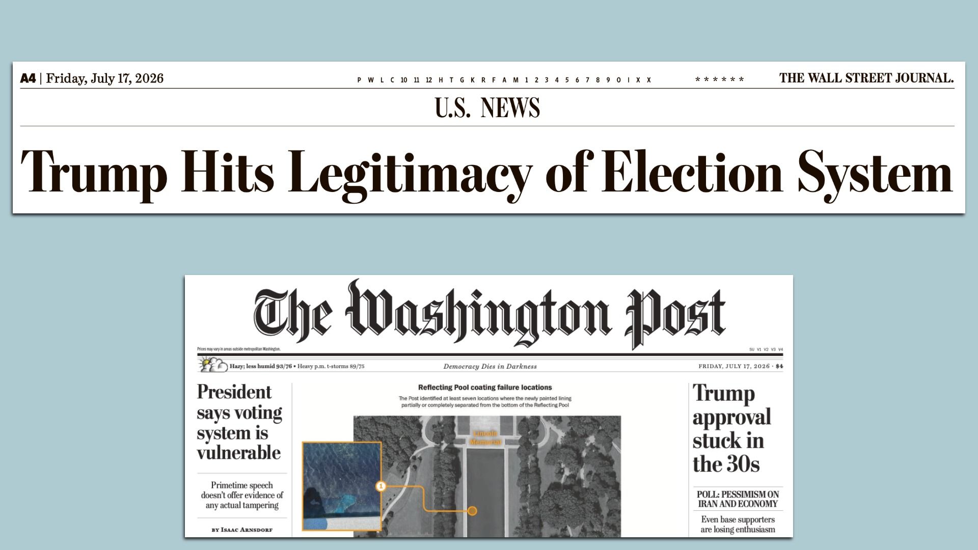 Speech headlines in today's Wall Street Journal, Washington Post.