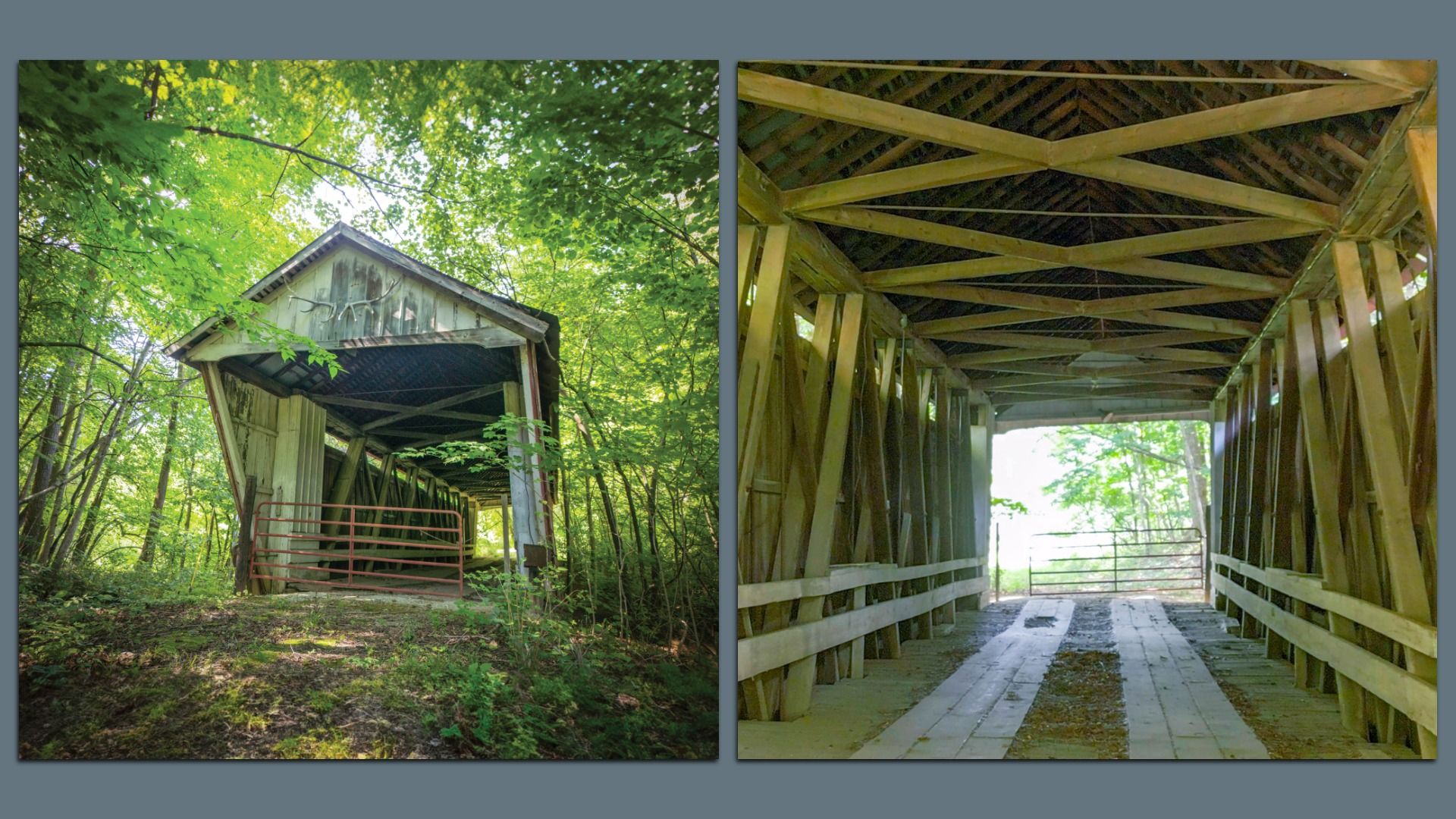 Two side-by-side photos of a weathered covered wooden bridge surrounded by green trees, showing the entrance with a red gate and the bridge's interior wooden beams and floor.